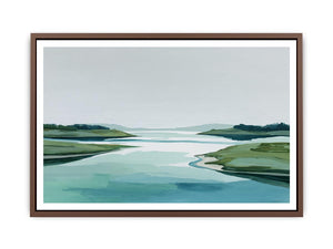 Minimal abstract coastal landscape canvas art with pale water and green shoreline for modern decor.
