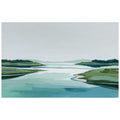Minimal abstract coastal landscape canvas art with pale water and green shoreline for modern decor.