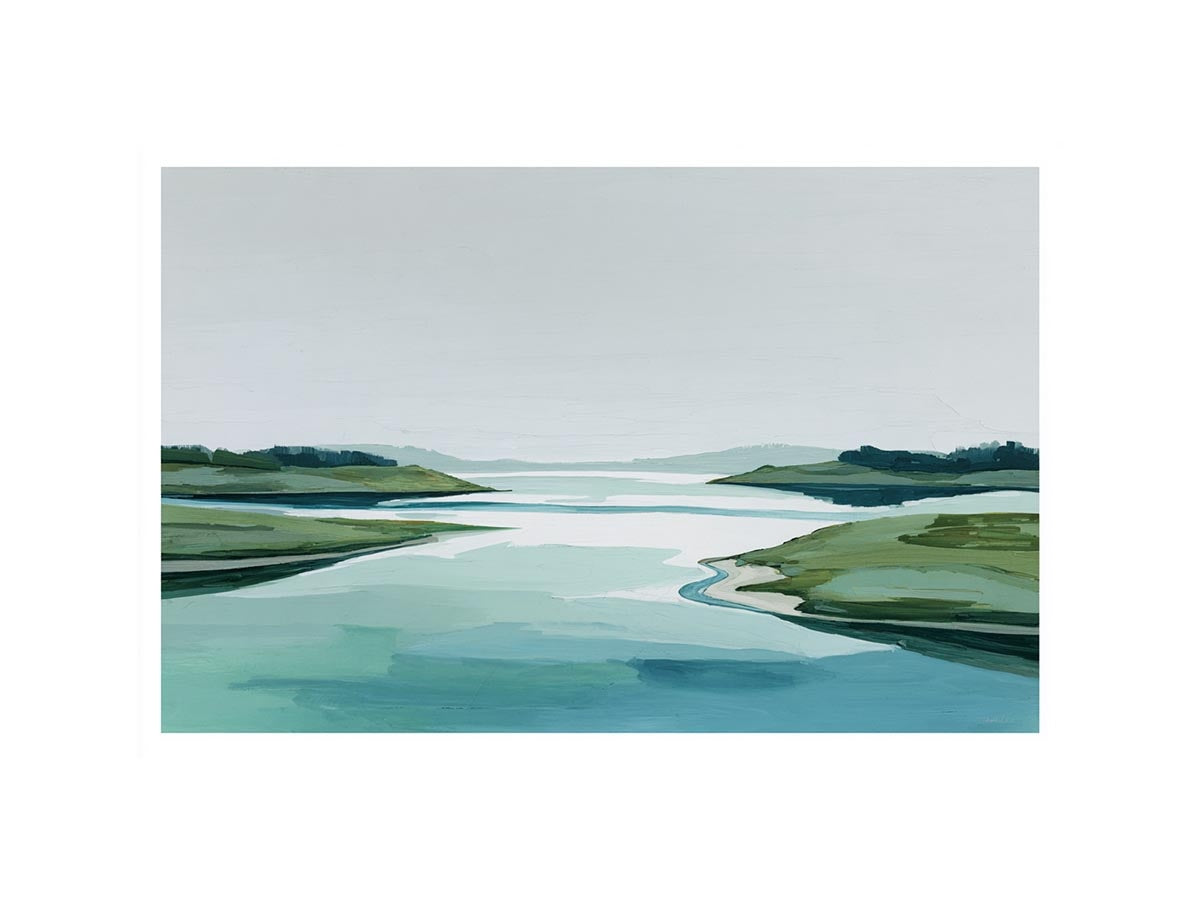 Minimal abstract coastal landscape canvas art with pale water and green shoreline for modern decor.