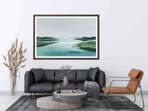 Minimal abstract coastal landscape canvas art with pale water and green shoreline for modern decor.