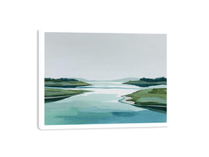 Minimal abstract coastal landscape canvas art with pale water and green shoreline for modern decor.