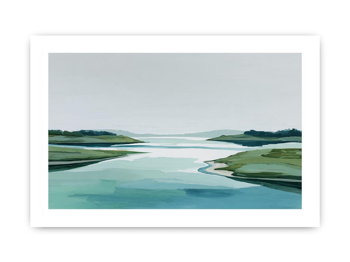 Minimal abstract coastal landscape canvas art with pale water and green shoreline for modern decor.