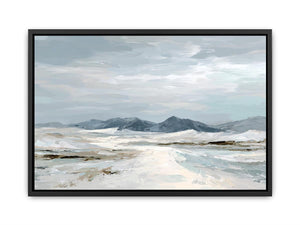 Neutral snow mountain canvas art for calm modern living room decor.