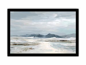Neutral snow mountain canvas art for calm modern living room decor.