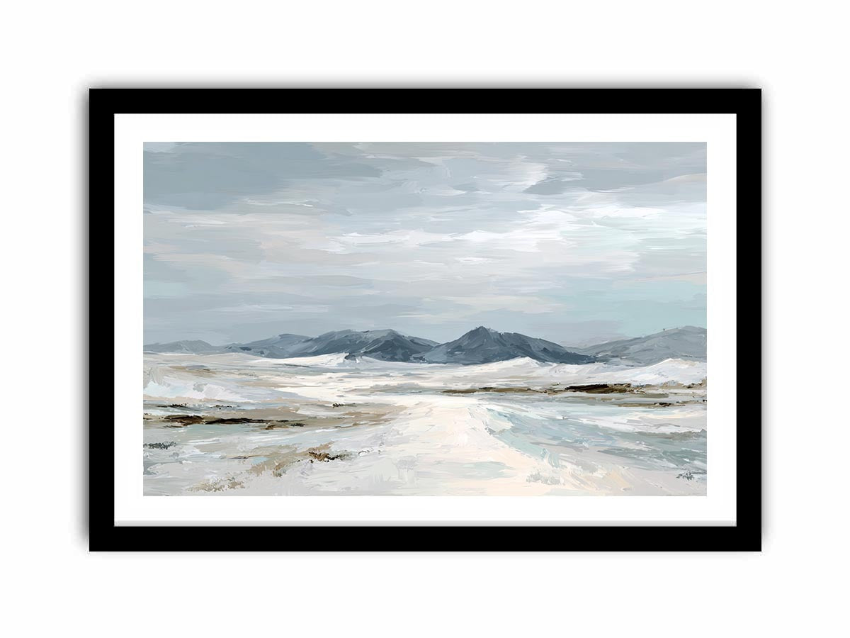 Neutral snow mountain canvas art for calm modern living room decor.