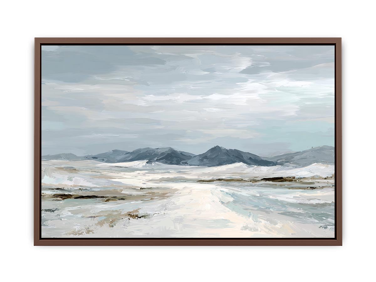 Neutral snow mountain canvas art for calm modern living room decor.