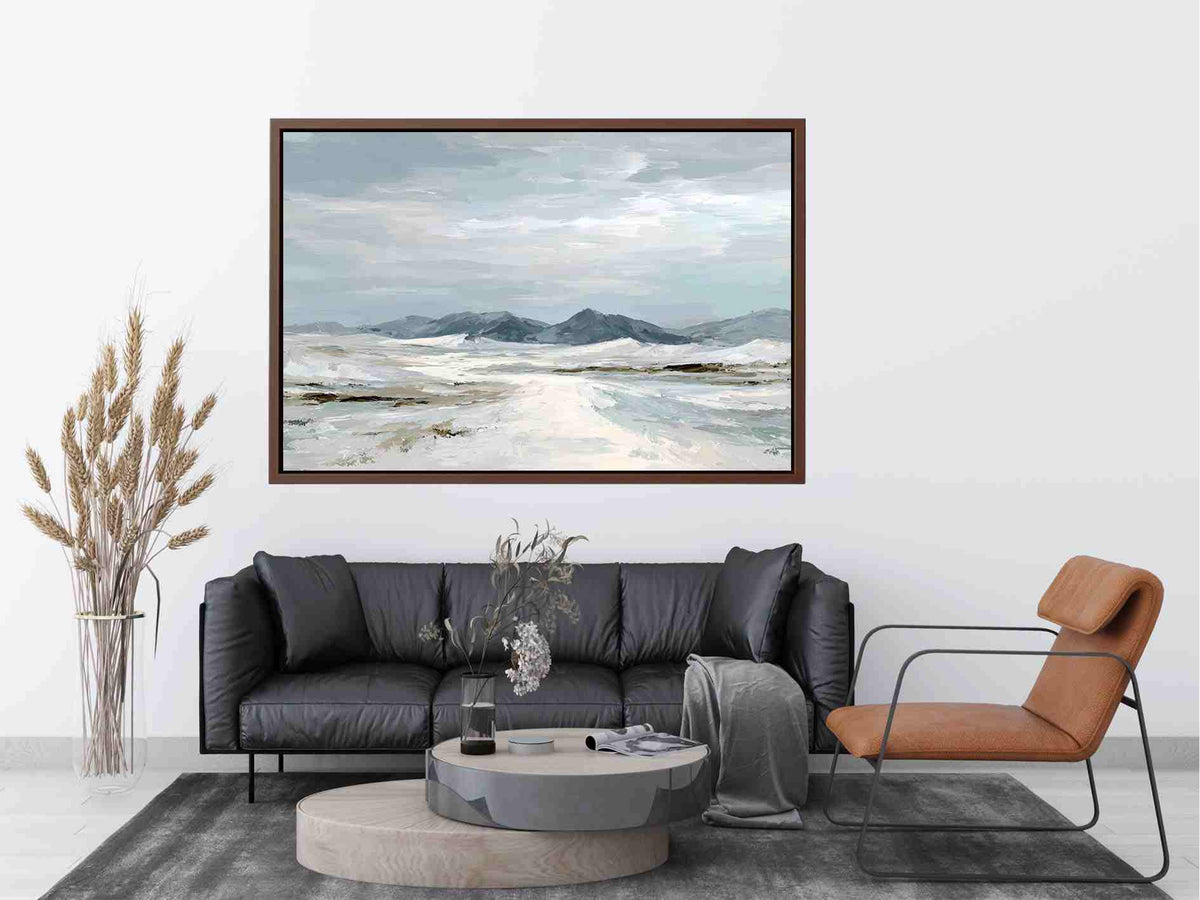 Neutral snow mountain canvas art for calm modern living room decor.
