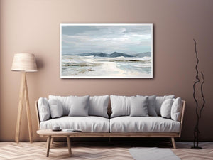 Neutral snow mountain canvas art for calm modern living room decor.