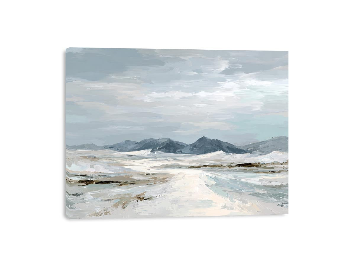 Neutral snow mountain canvas art for calm modern living room decor.
