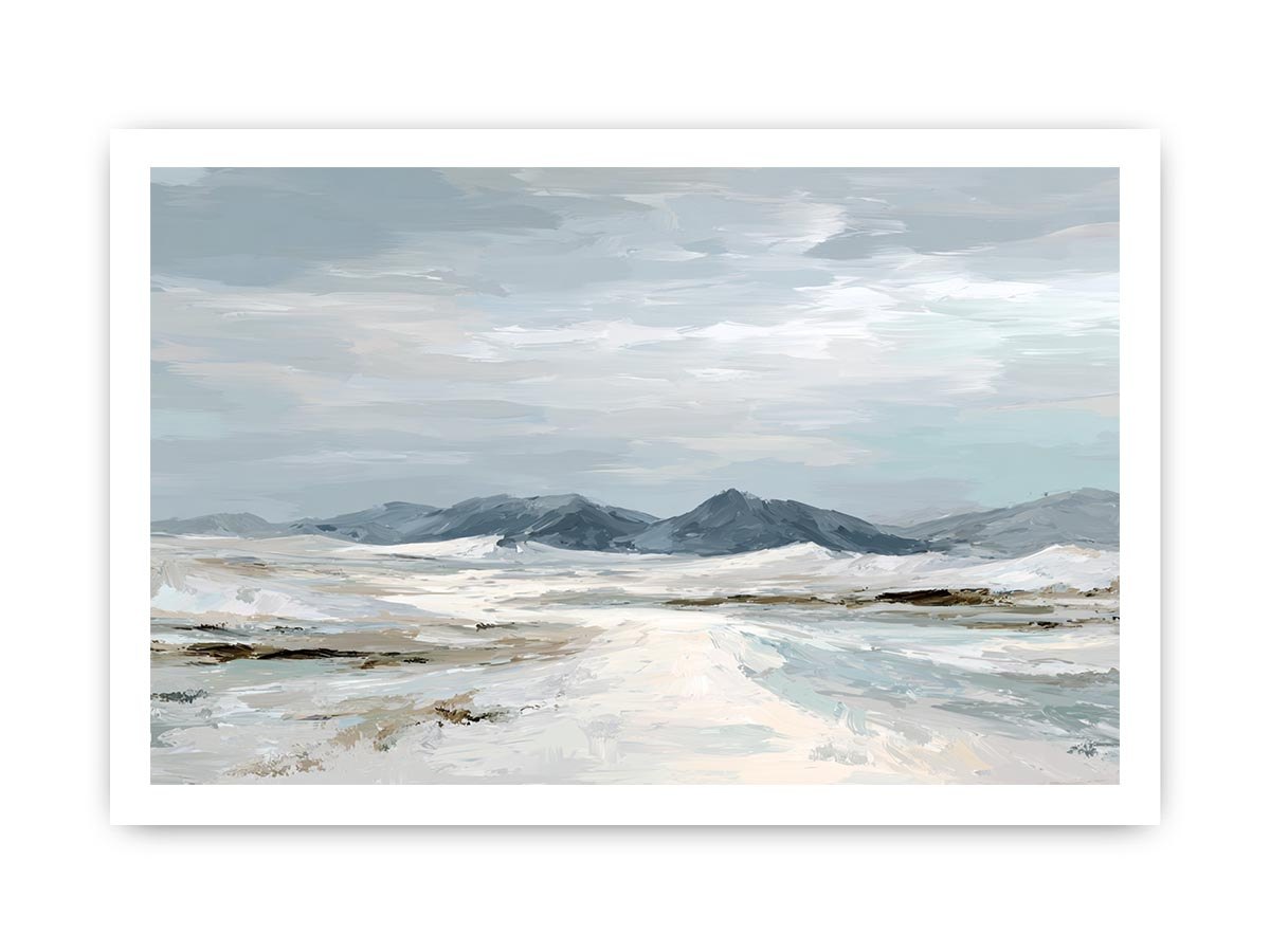 Neutral snow mountain canvas art for calm modern living room decor.