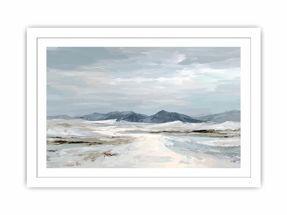 Neutral snow mountain canvas art for calm modern living room decor.
