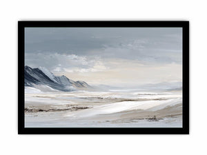 Snowy valley landscape canvas art for peaceful modern bedroom decor.