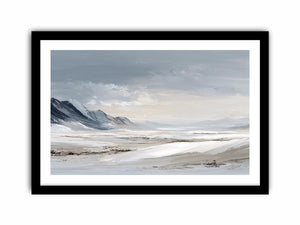 Snowy valley landscape canvas art for peaceful modern bedroom decor.
