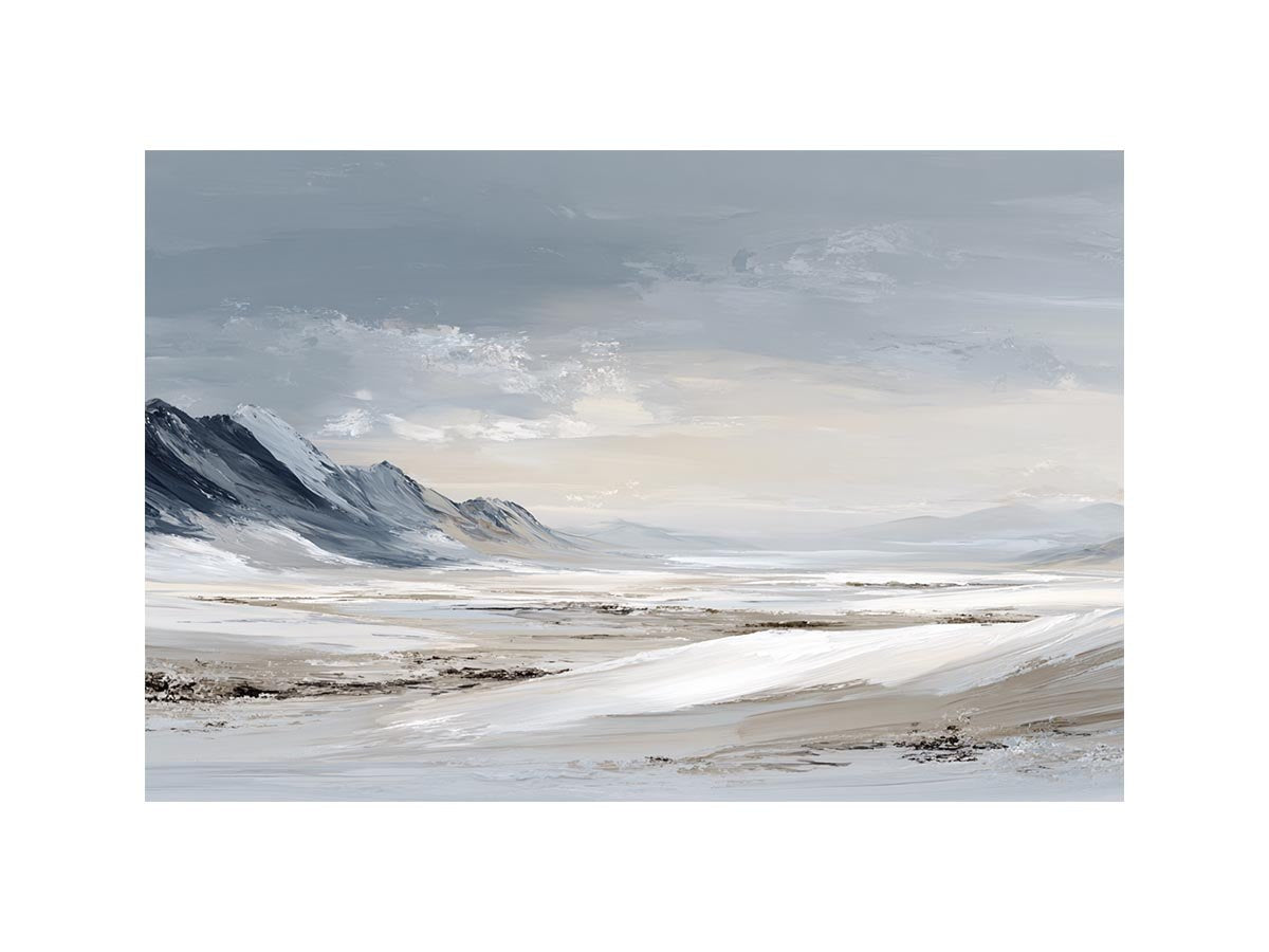 Snowy valley landscape canvas art for peaceful modern bedroom decor.
