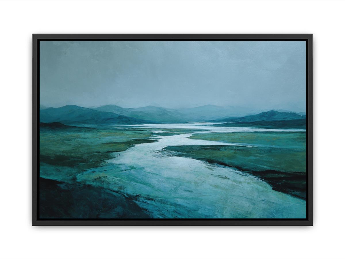 Moody teal river landscape canvas art for modern living room decor.