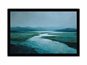 Moody teal river landscape canvas art for modern living room decor.