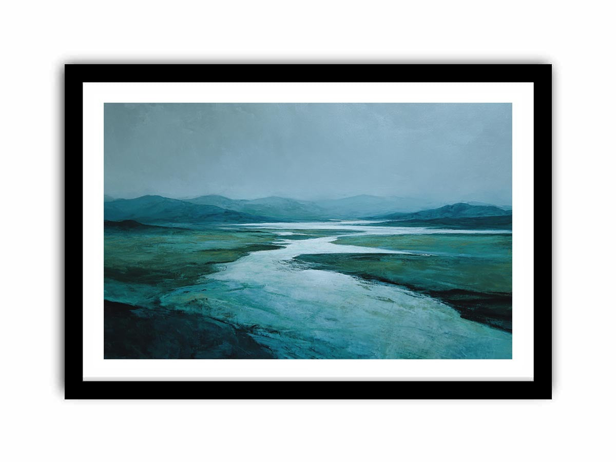 Moody teal river landscape canvas art for modern living room decor.