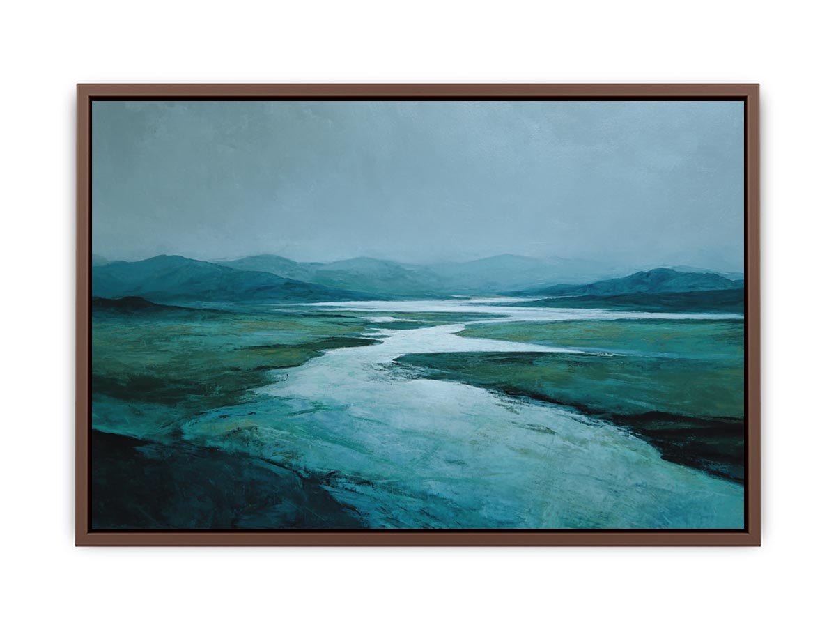 Moody teal river landscape canvas art for modern living room decor.