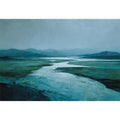 Moody teal river landscape canvas art for modern living room decor.