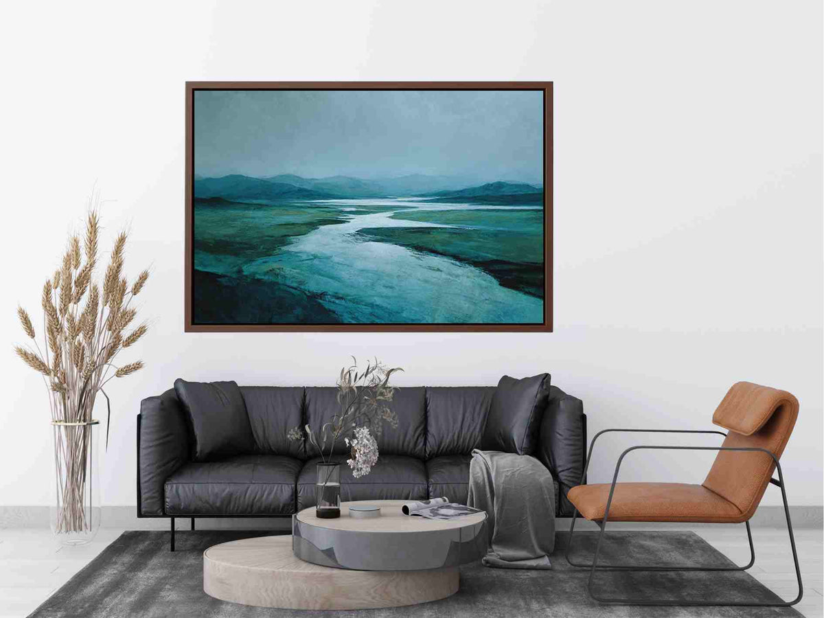 Moody teal river landscape canvas art for modern living room decor.