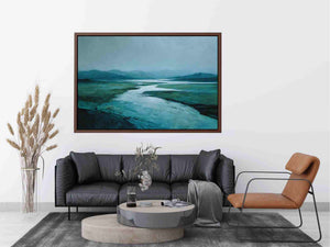 Moody teal river landscape canvas art for modern living room decor.