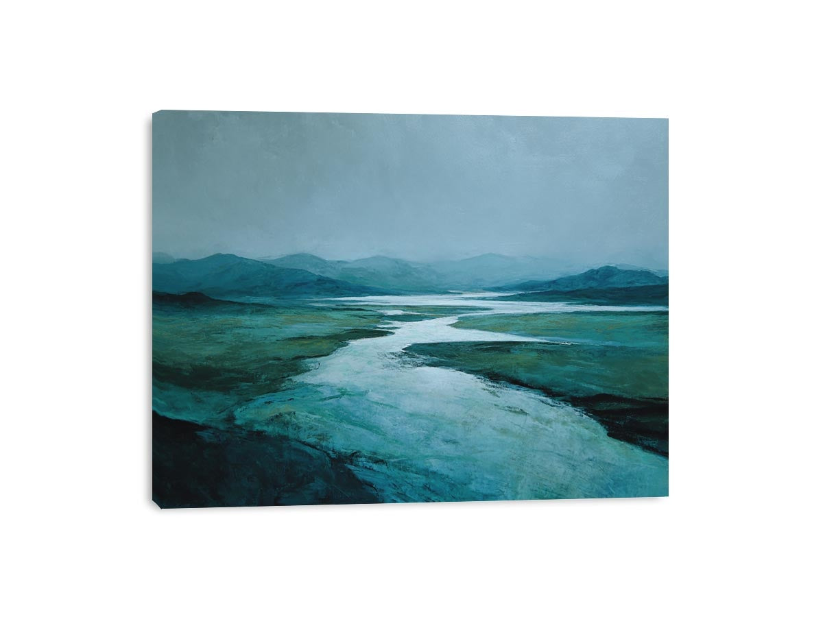 Moody teal river landscape canvas art for modern living room decor.