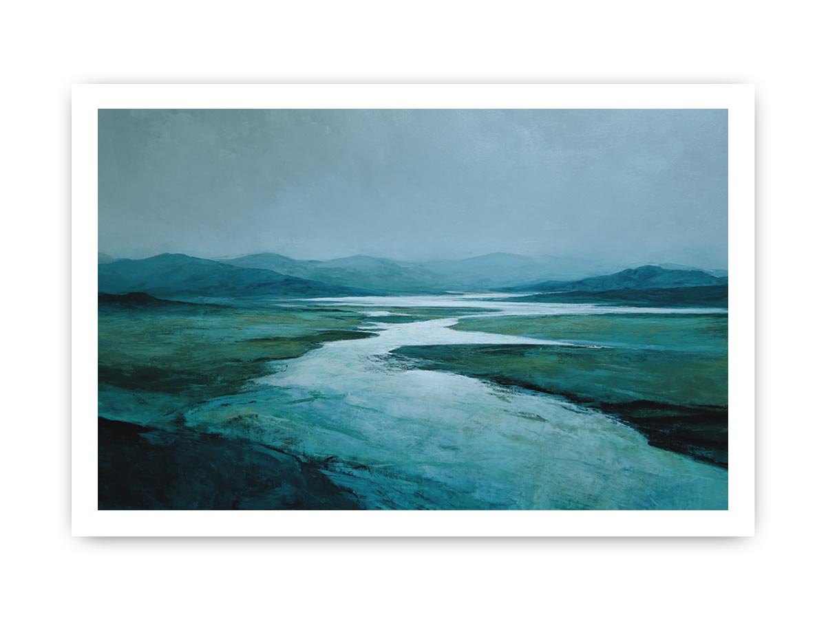 Moody teal river landscape canvas art for modern living room decor.