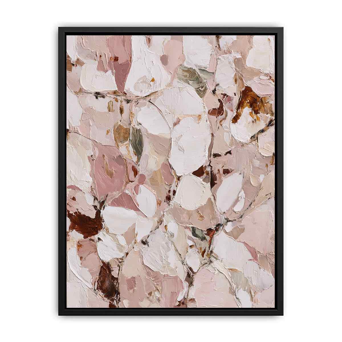 Blush floral abstract canvas art with soft petals for bedroom decor.