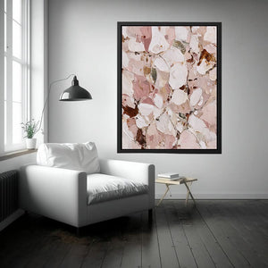 Blush floral abstract canvas art with soft petals for bedroom decor.