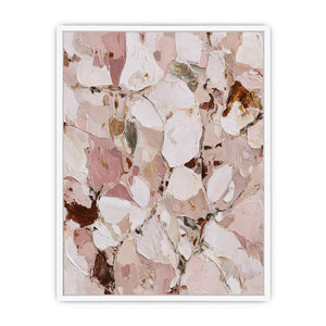 Blush floral abstract canvas art with soft petals for bedroom decor.