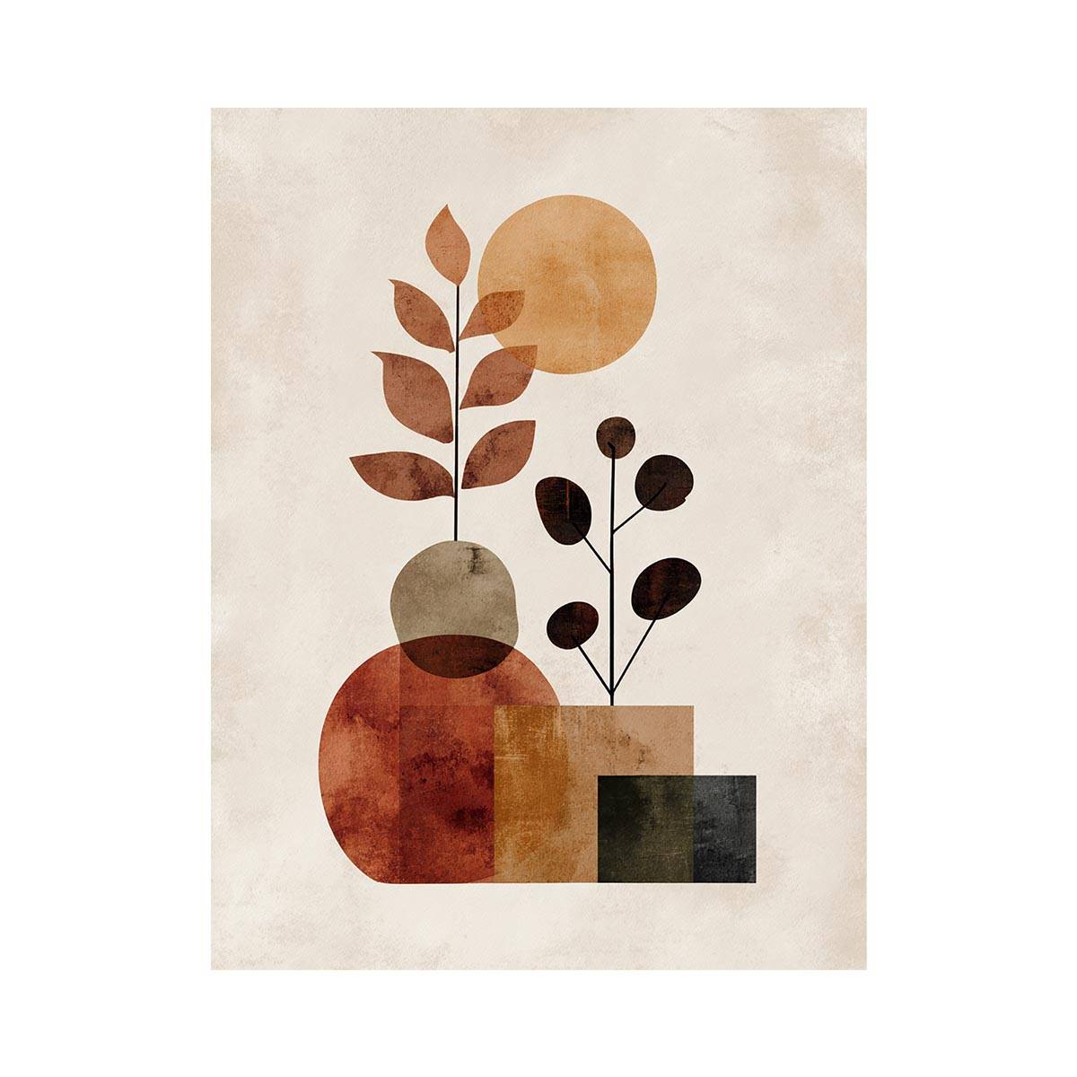 Warm botanical abstract canvas art with leaves for modern home decor.