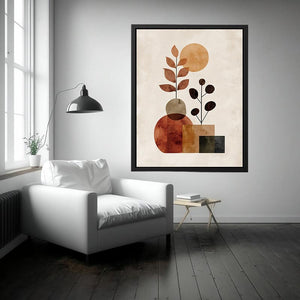 Warm botanical abstract canvas art with leaves for modern home decor.