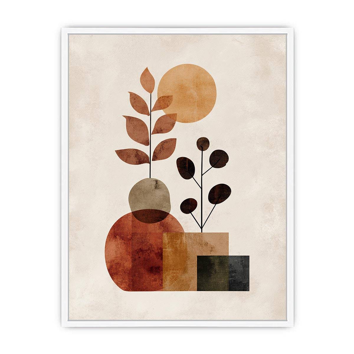Warm botanical abstract canvas art with leaves for modern home decor.