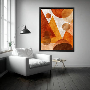 Bold orange geometric abstract canvas art for modern living room decor.
