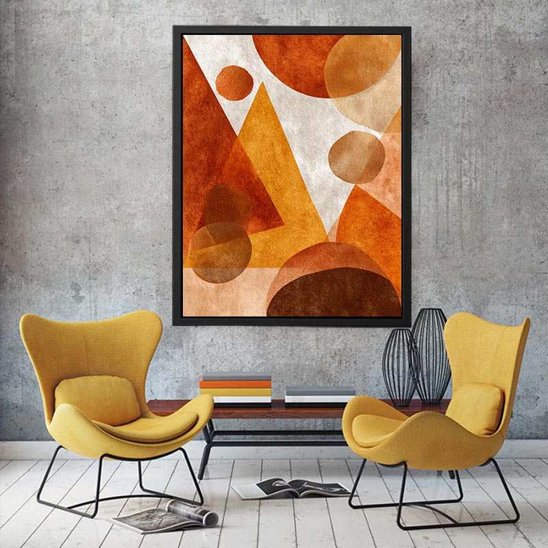 Bold orange geometric abstract canvas art for modern living room decor.