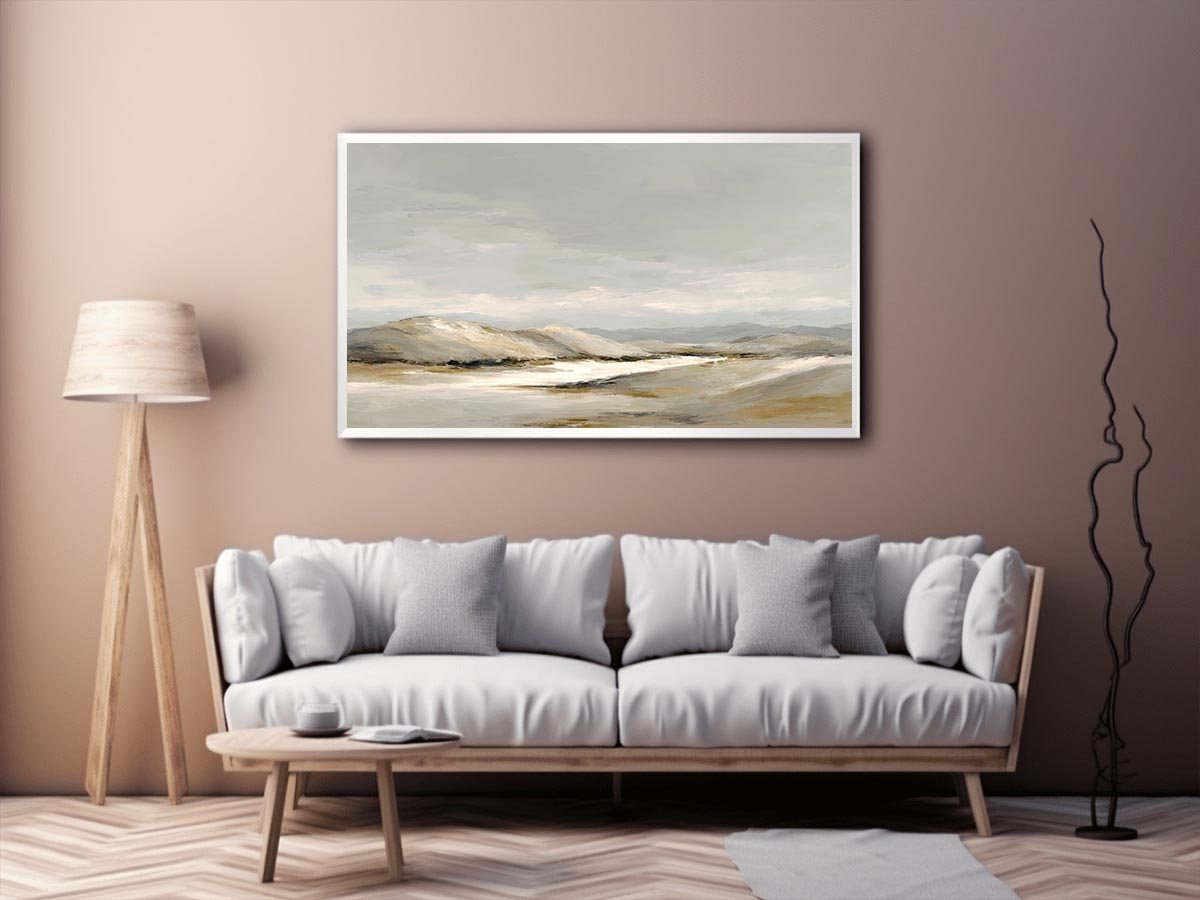 Neutral dune landscape canvas art for calm modern living room decor.