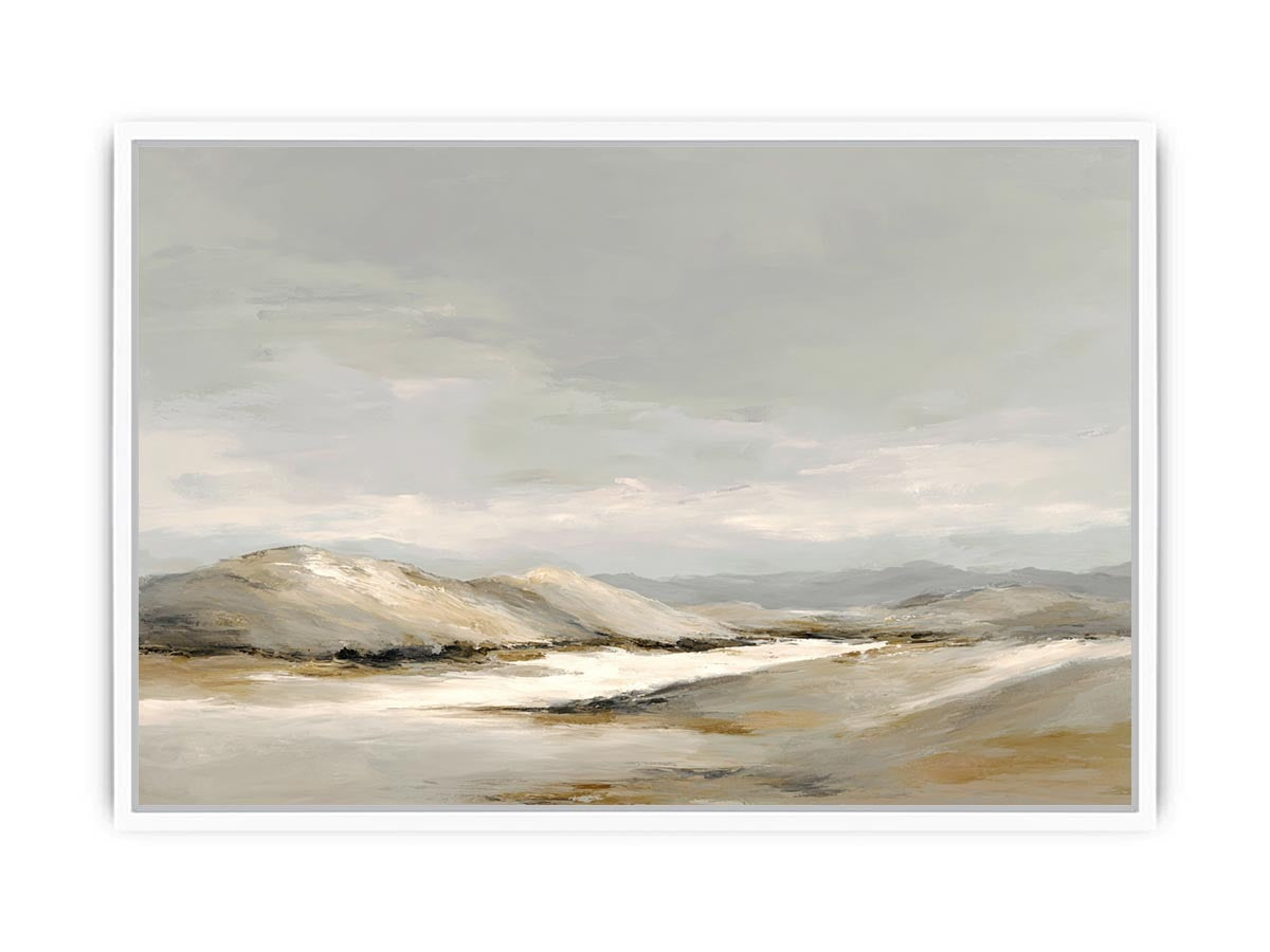 Neutral dune landscape canvas art for calm modern living room decor.