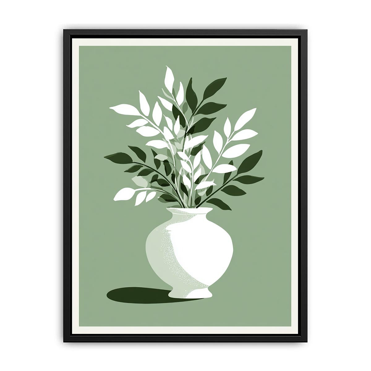 Sage green botanical vase canvas art for minimalist bedroom decor.