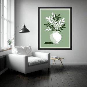 Sage green botanical vase canvas art for minimalist bedroom decor.