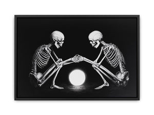 Black and white skeleton moon canvas art for moody bedroom decor.