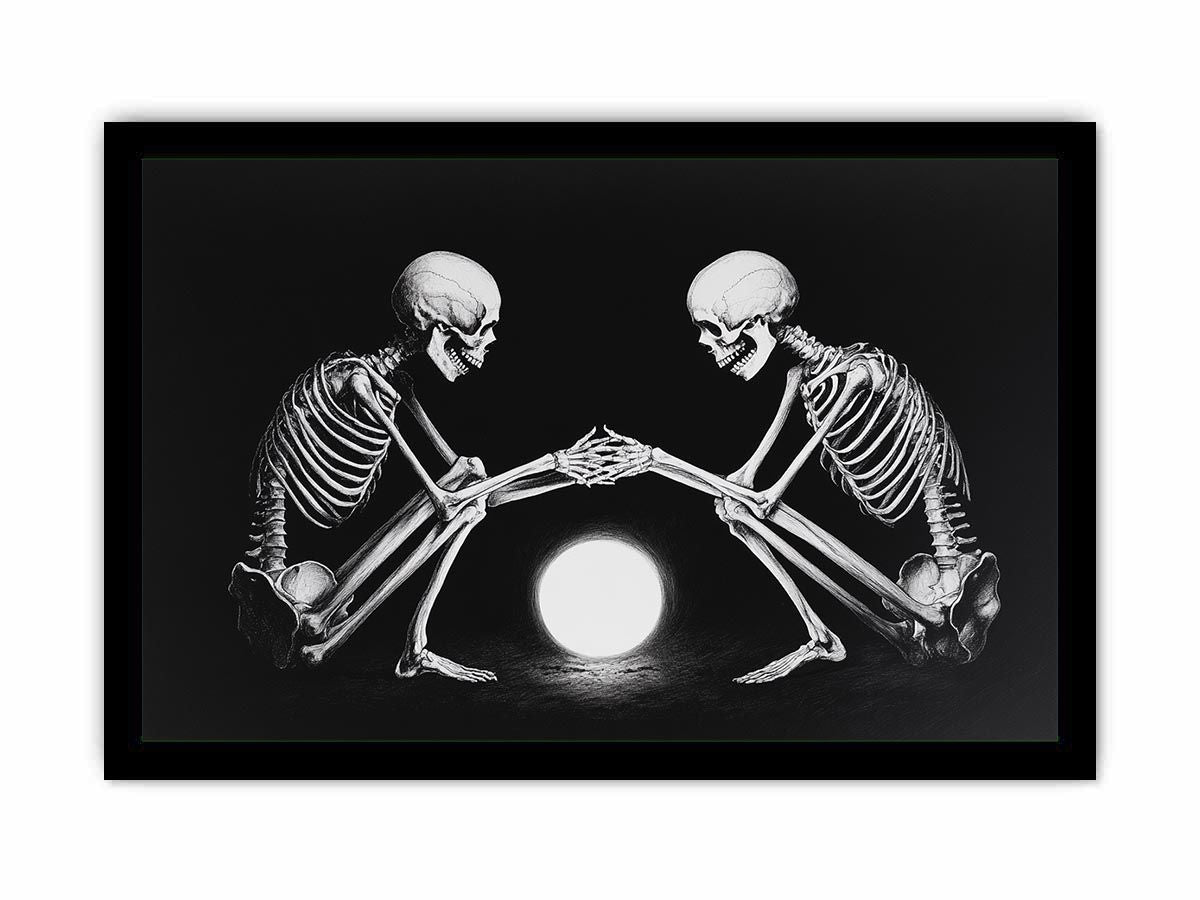 Black and white skeleton moon canvas art for moody bedroom decor.