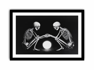Black and white skeleton moon canvas art for moody bedroom decor.