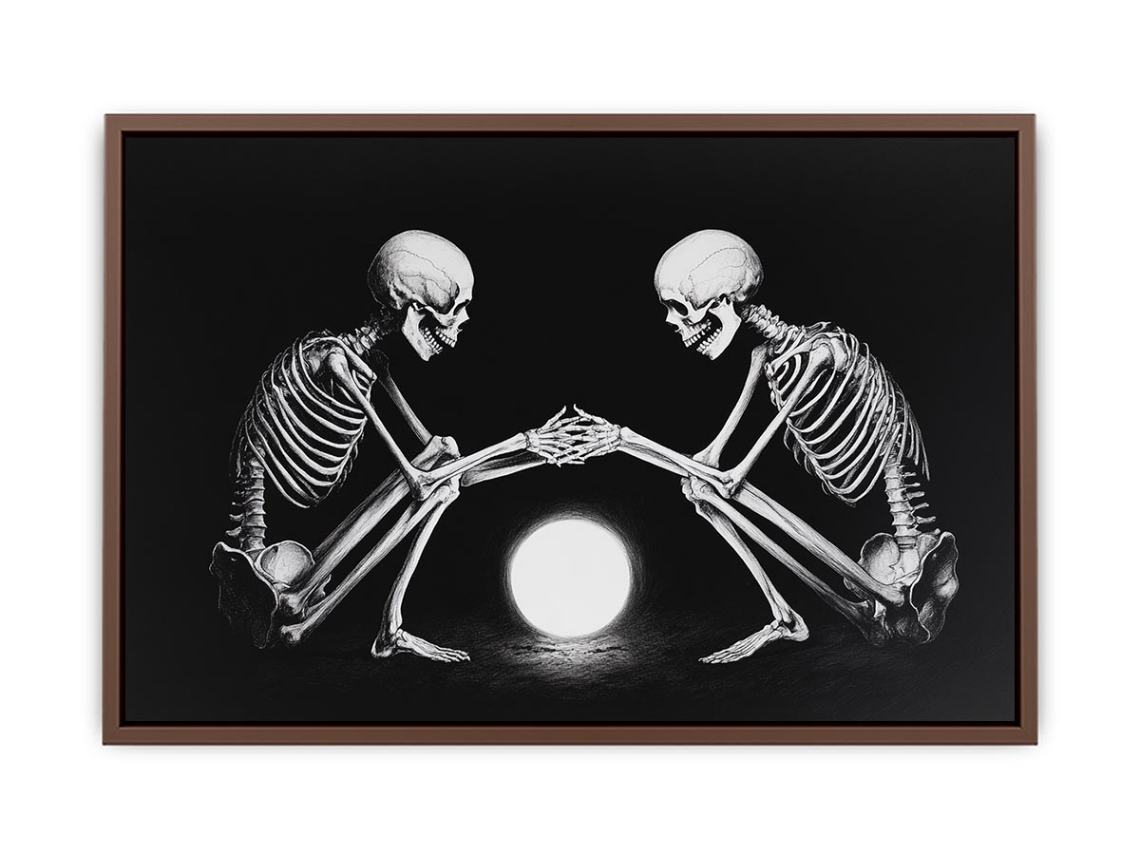 Black and white skeleton moon canvas art for moody bedroom decor.