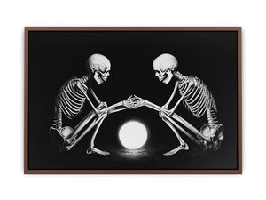 Black and white skeleton moon canvas art for moody bedroom decor.