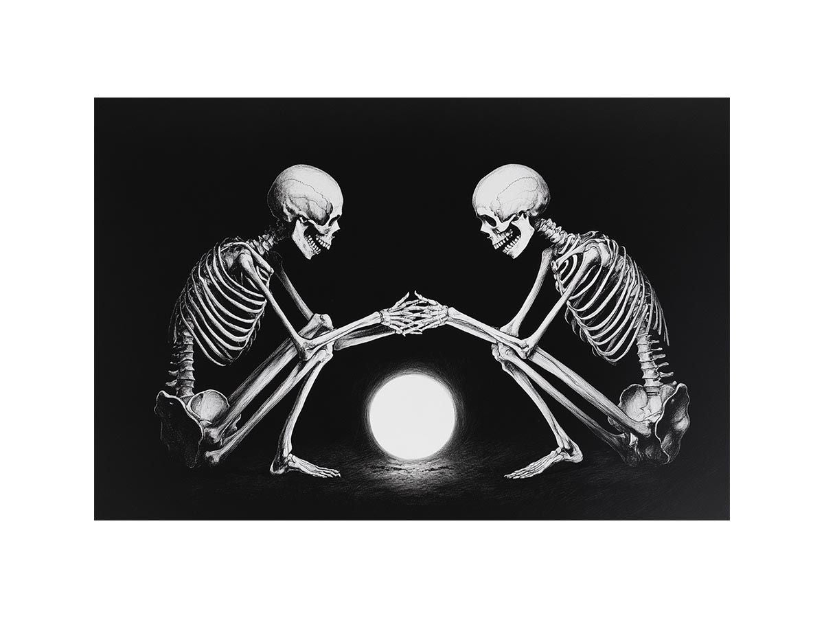 Black and white skeleton moon canvas art for moody bedroom decor.