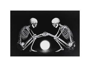 Black and white skeleton moon canvas art for moody bedroom decor.