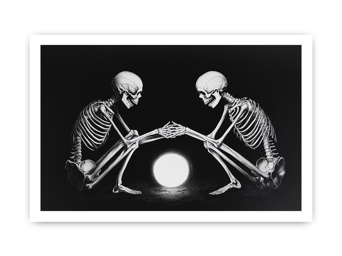 Black and white skeleton moon canvas art for moody bedroom decor.
