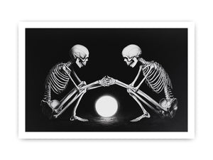 Black and white skeleton moon canvas art for moody bedroom decor.