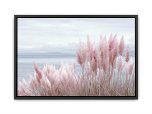 Blush coastal grass canvas art for soft beach bedroom decor.