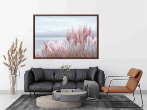 Blush coastal grass canvas art for soft beach bedroom decor.